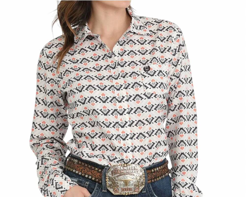 NEW CINCH women's southwest sally print arena shirt in white, orange, grey black